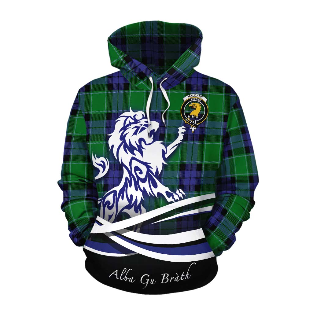 Tartan Vibes Clothing Haldane Tartan Cotton Hoodie with Alba Gu Brath Regal Lion Emblem