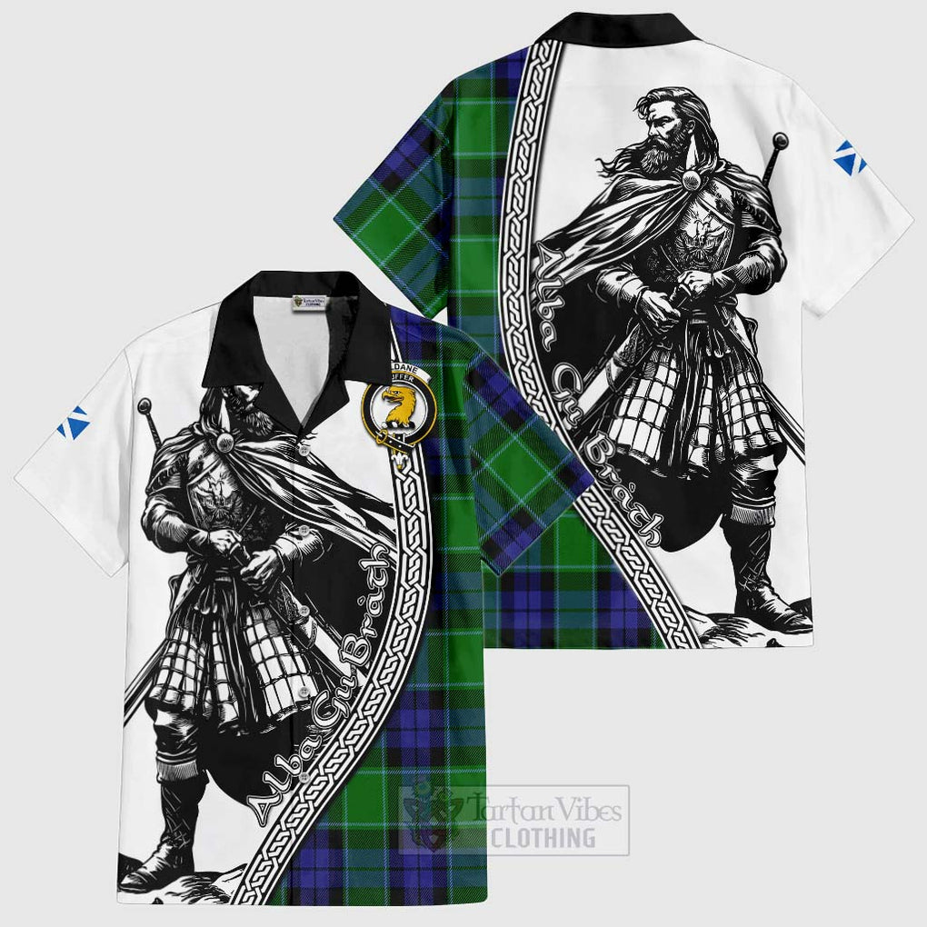 Tartan Vibes Clothing Haldane Tartan Clan Crest Short Sleeve Button Shirt with Highlander Warrior Celtic Style