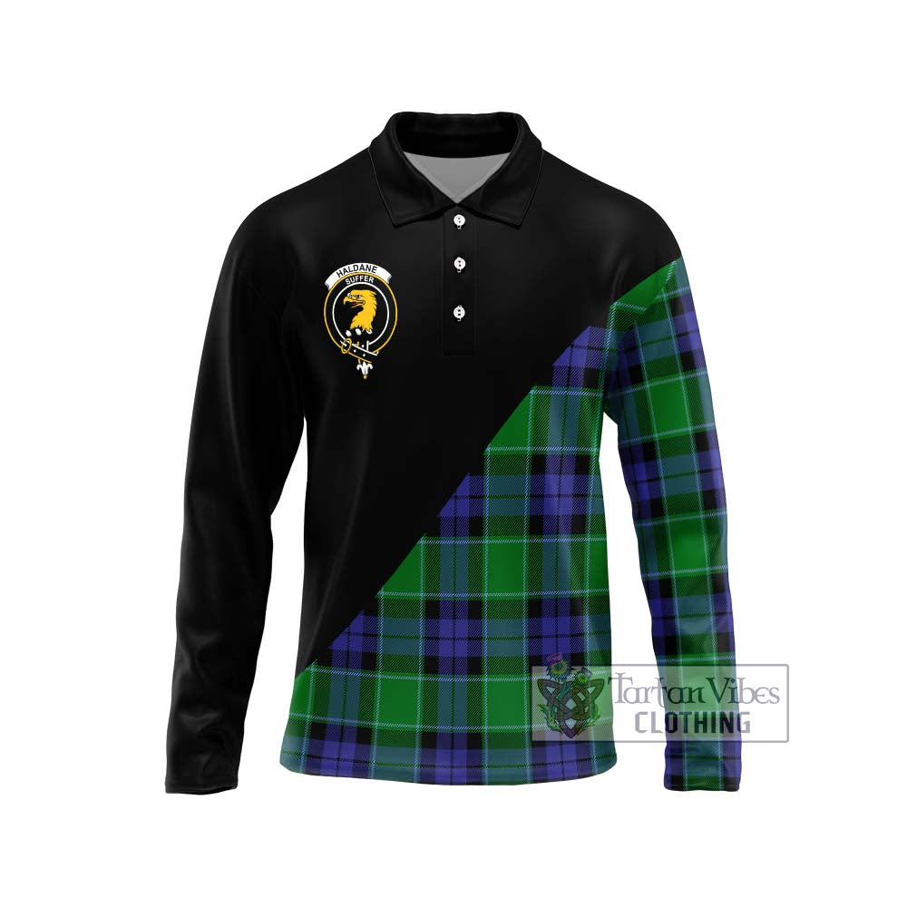 Haldane Tartan Long Sleeve Polo Shirt with Family Crest and Military Logo Style Unisex - Tartanvibesclothing Shop