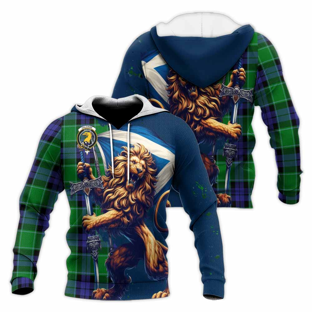 Tartan Vibes Clothing Haldane Tartan Family Crest Knitted Hoodie with Scottish Majestic Lion