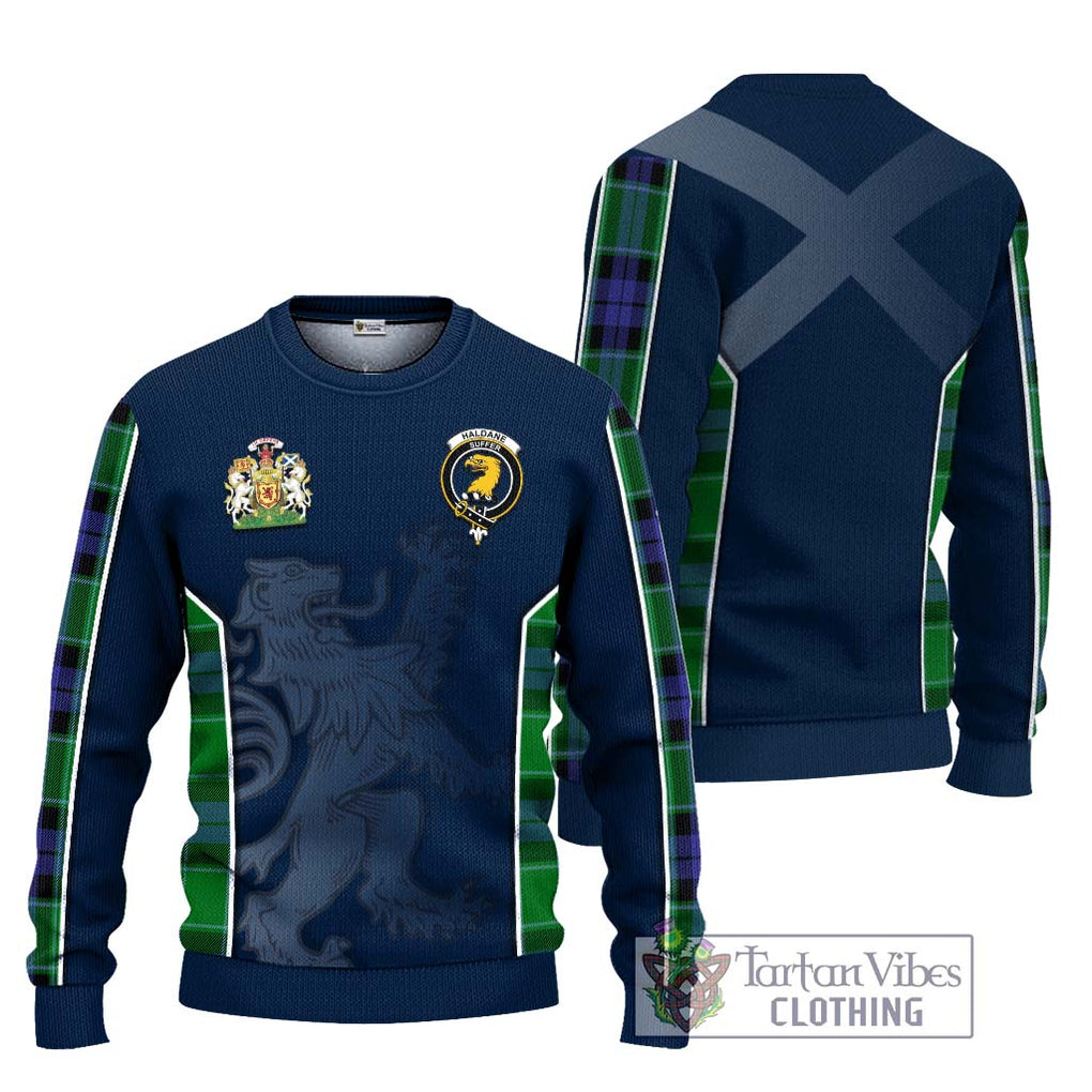 Haldane Tartan Knitted Sweater with Family Crest and Lion Rampant Vibes Sport Style Unisex - Tartan Vibes Clothing