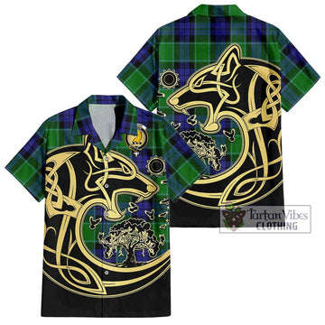 Haldane Tartan Short Sleeve Button Shirt with Family Crest Celtic Wolf Style