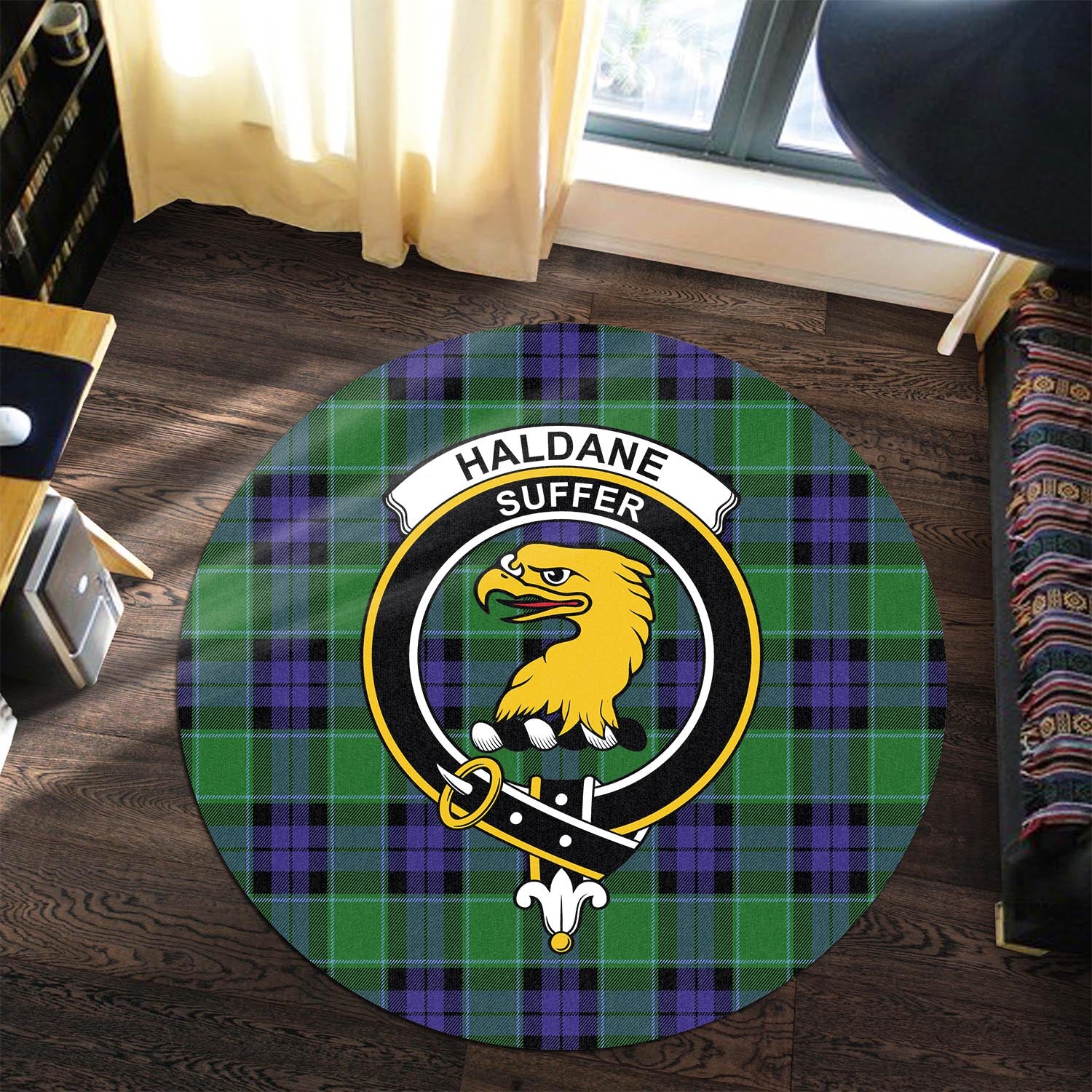 haldane-tartan-round-rug-with-family-crest