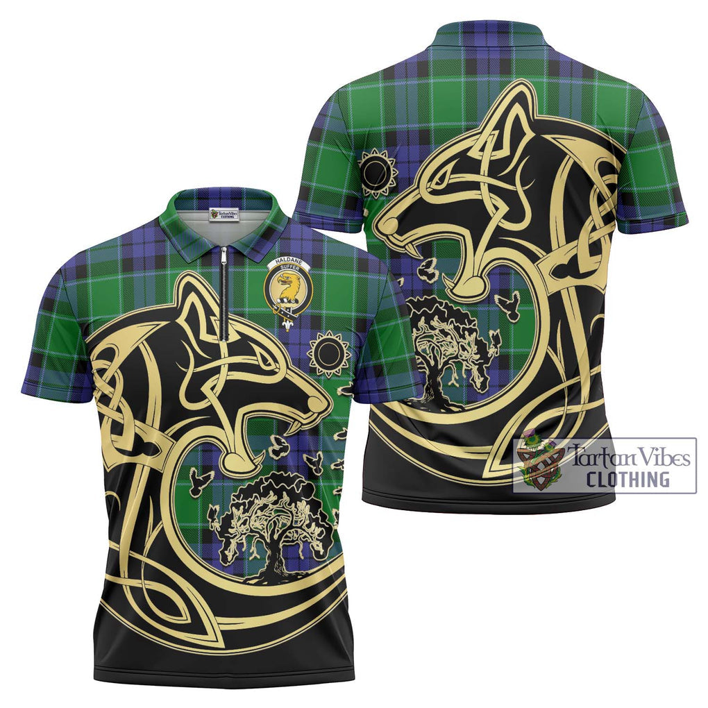 Haldane Tartan Zipper Polo Shirt with Family Crest Celtic Wolf Style Unisex - Tartanvibesclothing Shop