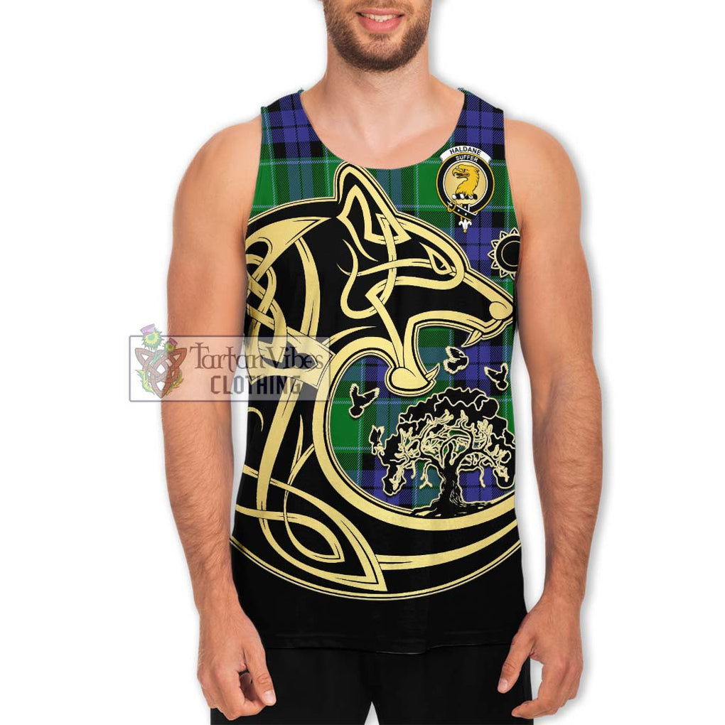 Haldane Tartan Men's Tank Top with Family Crest Celtic Wolf Style Men - Tartan Vibes Clothing