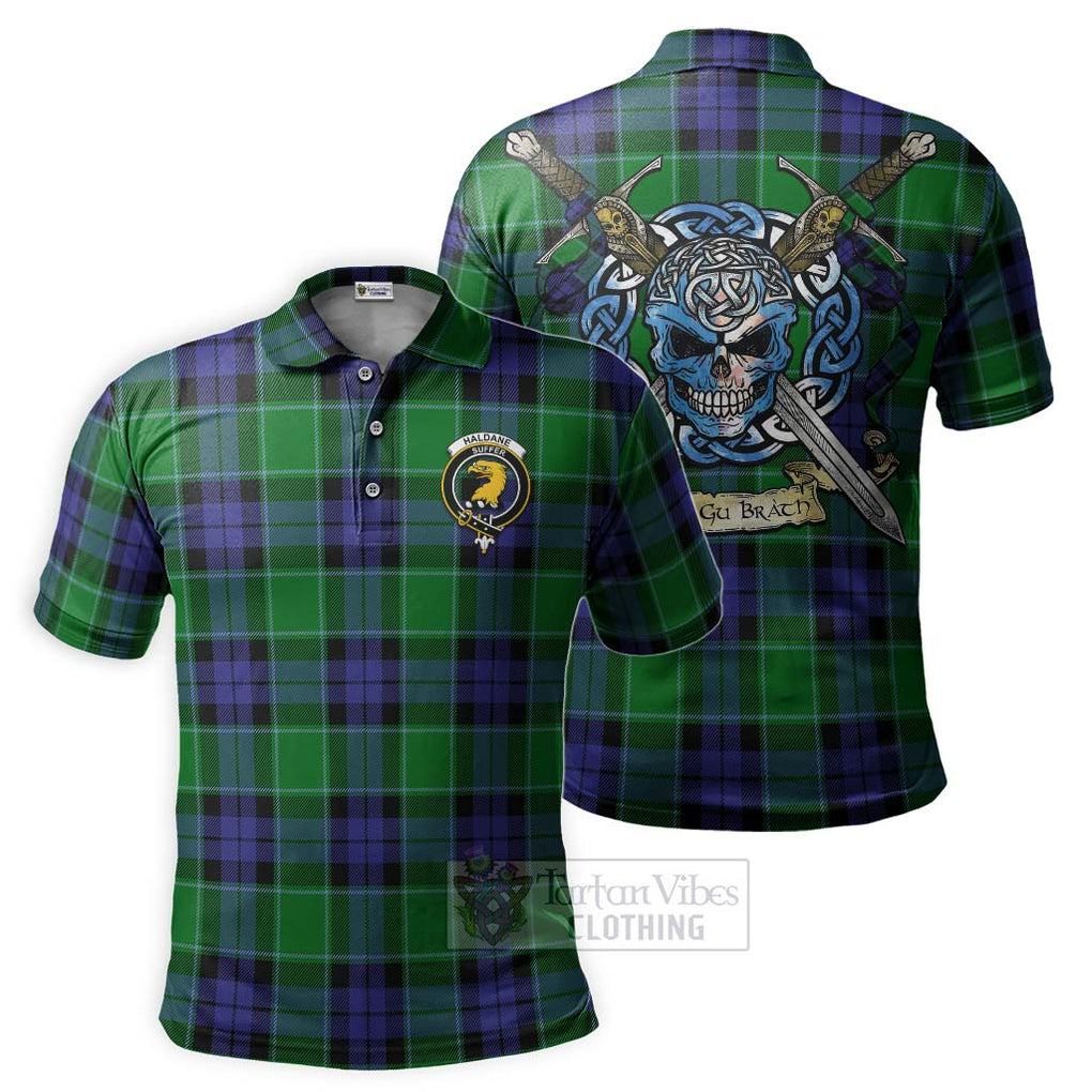 Tartan Vibes Clothing Haldane Tartan Polo Shirt with Family Crest Celtic Skull Style