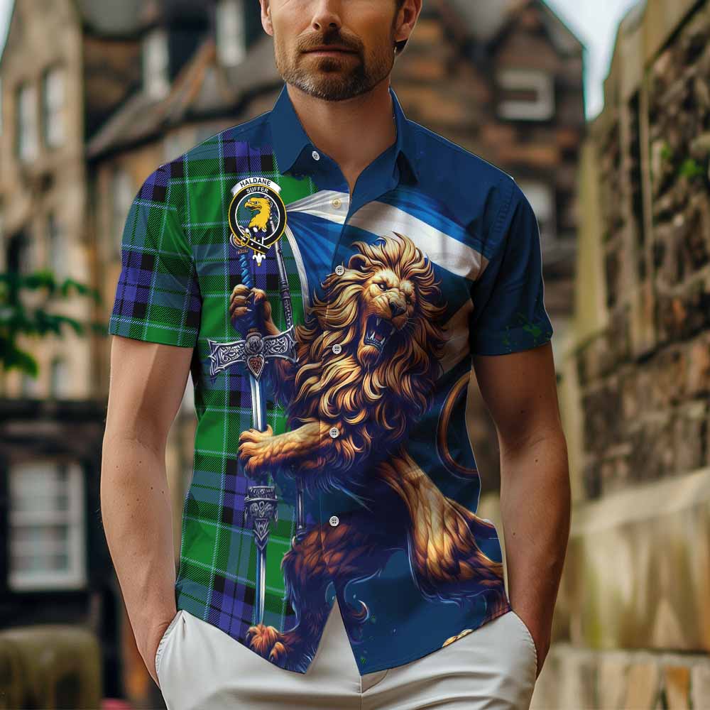 Tartan Vibes Clothing Haldane Tartan Family Crest Short Sleeve Button Shirt with Scottish Majestic Lion