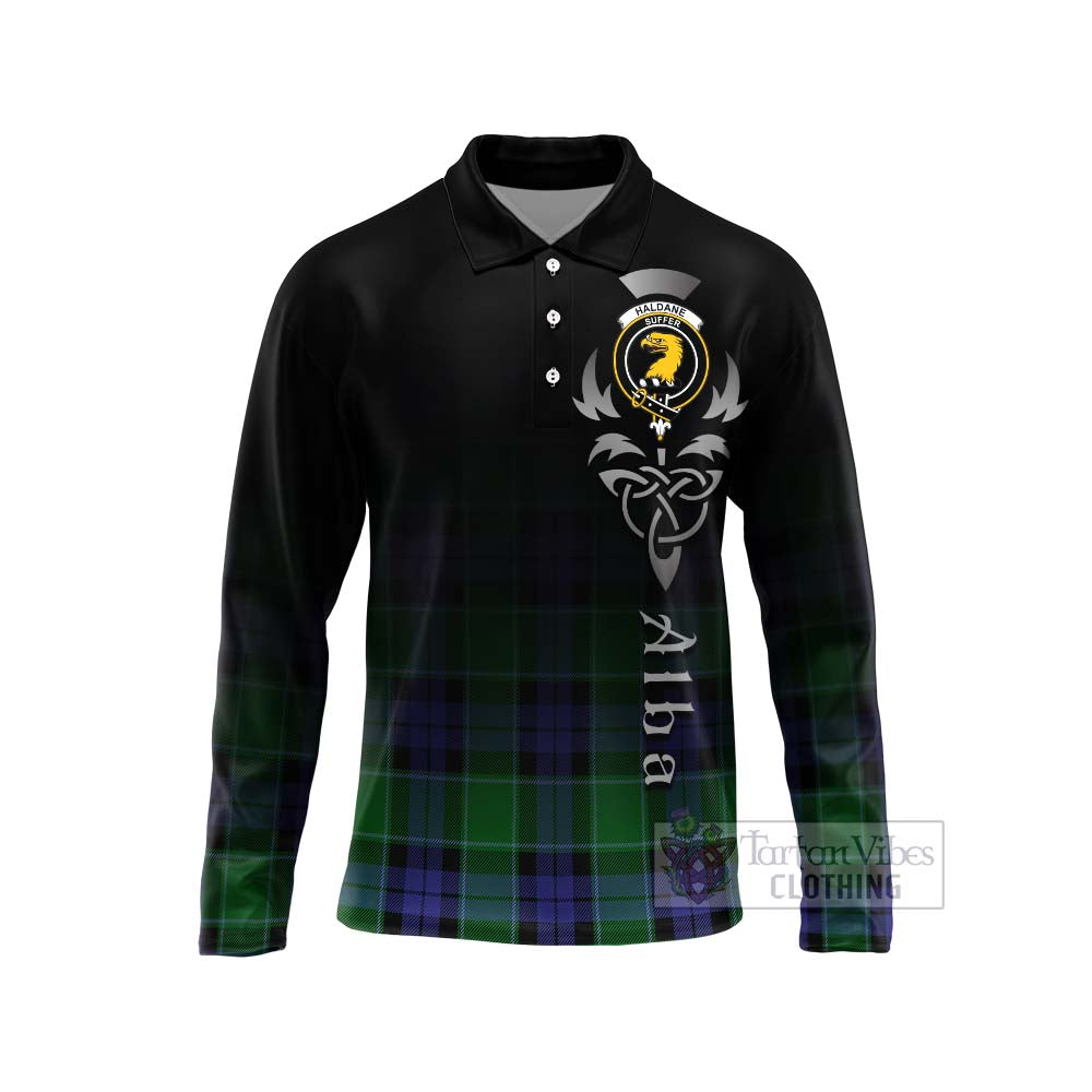 Tartan Vibes Clothing Haldane Tartan Long Sleeve Polo Shirt Featuring Alba Gu Brath Family Crest Celtic Inspired