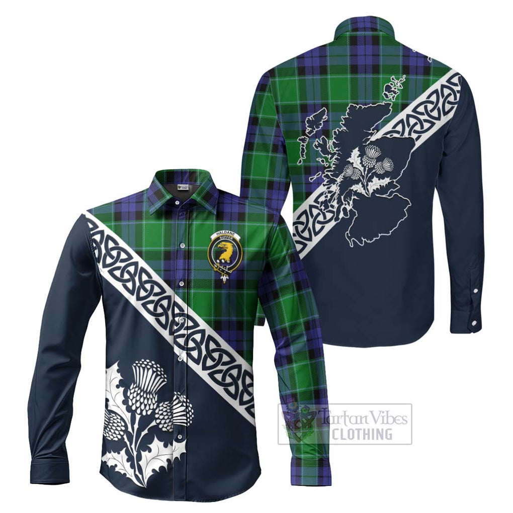 Tartan Vibes Clothing Haldane Tartan Long Sleeve Button Shirt Featuring Thistle and Scotland Map