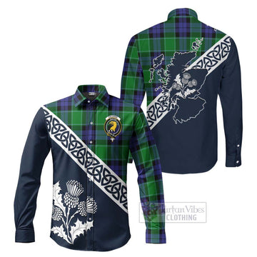 Haldane Tartan Long Sleeve Button Shirt Featuring Thistle and Scotland Map