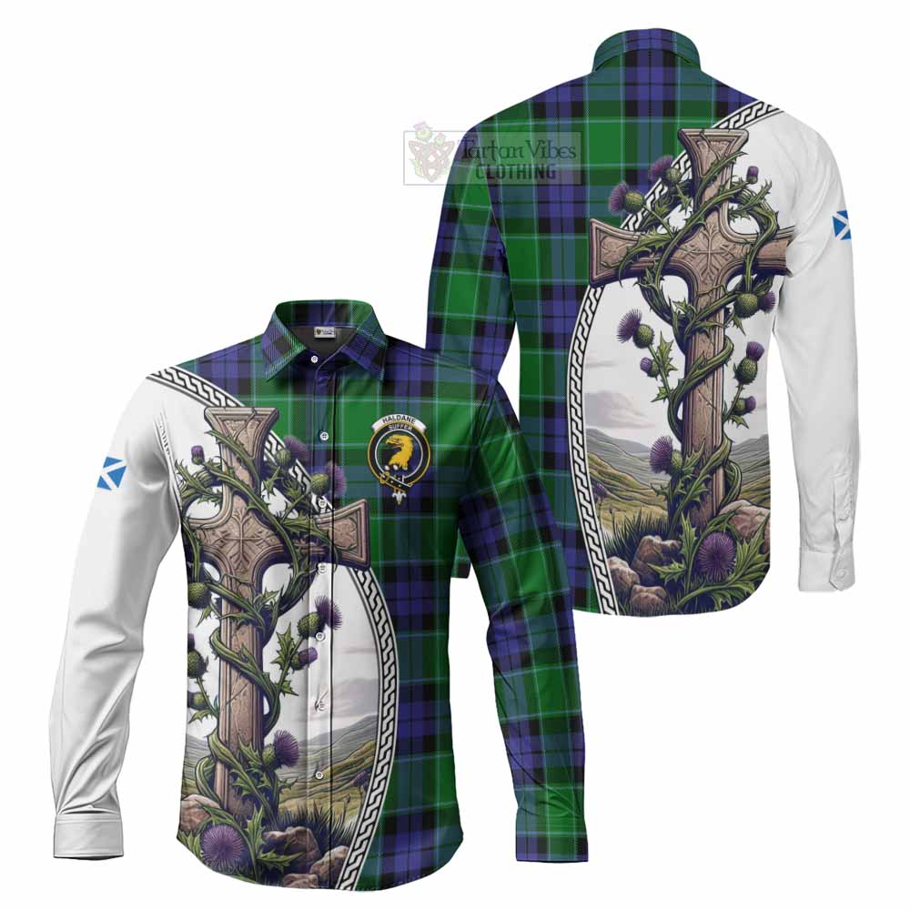 Tartan Vibes Clothing Haldane Tartan Long Sleeve Button Shirt with Family Crest and St. Andrew's Cross Accented by Thistle Vines