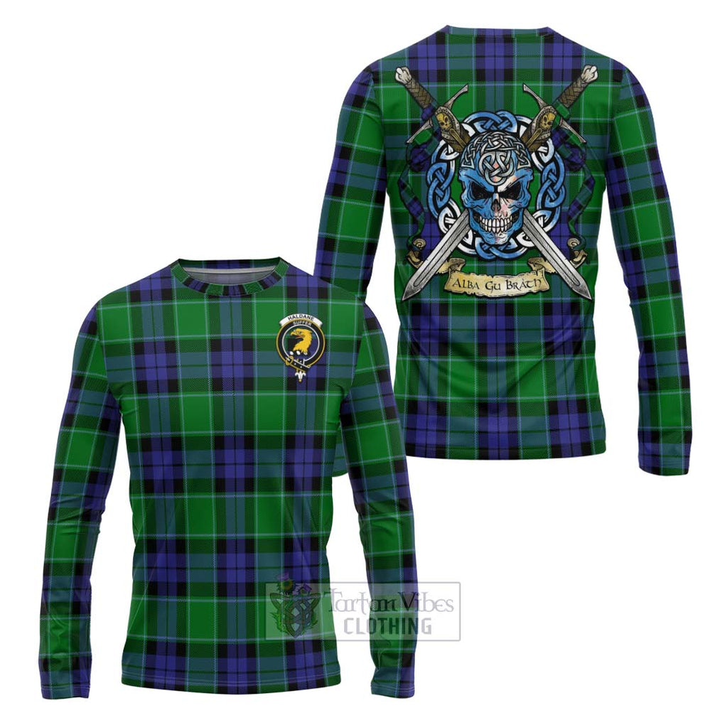 Tartan Vibes Clothing Haldane Tartan Long Sleeve T-Shirt with Family Crest Celtic Skull Style