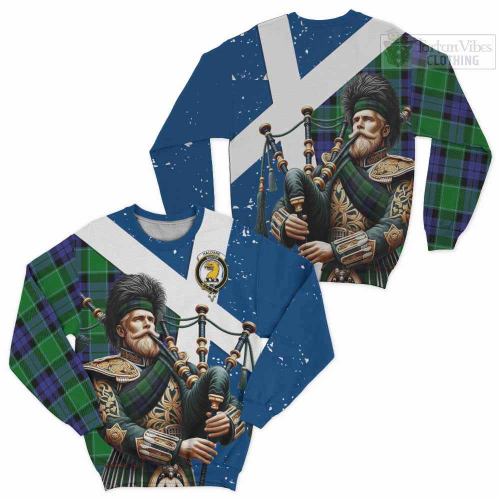 Tartan Vibes Clothing Haldane Tartan Sweatshirt with Family Crest Scottish Bagpiper Vibes