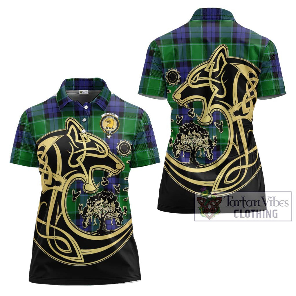 Haldane Tartan Women's Polo Shirt with Family Crest Celtic Wolf Style Women - Tartanvibesclothing Shop