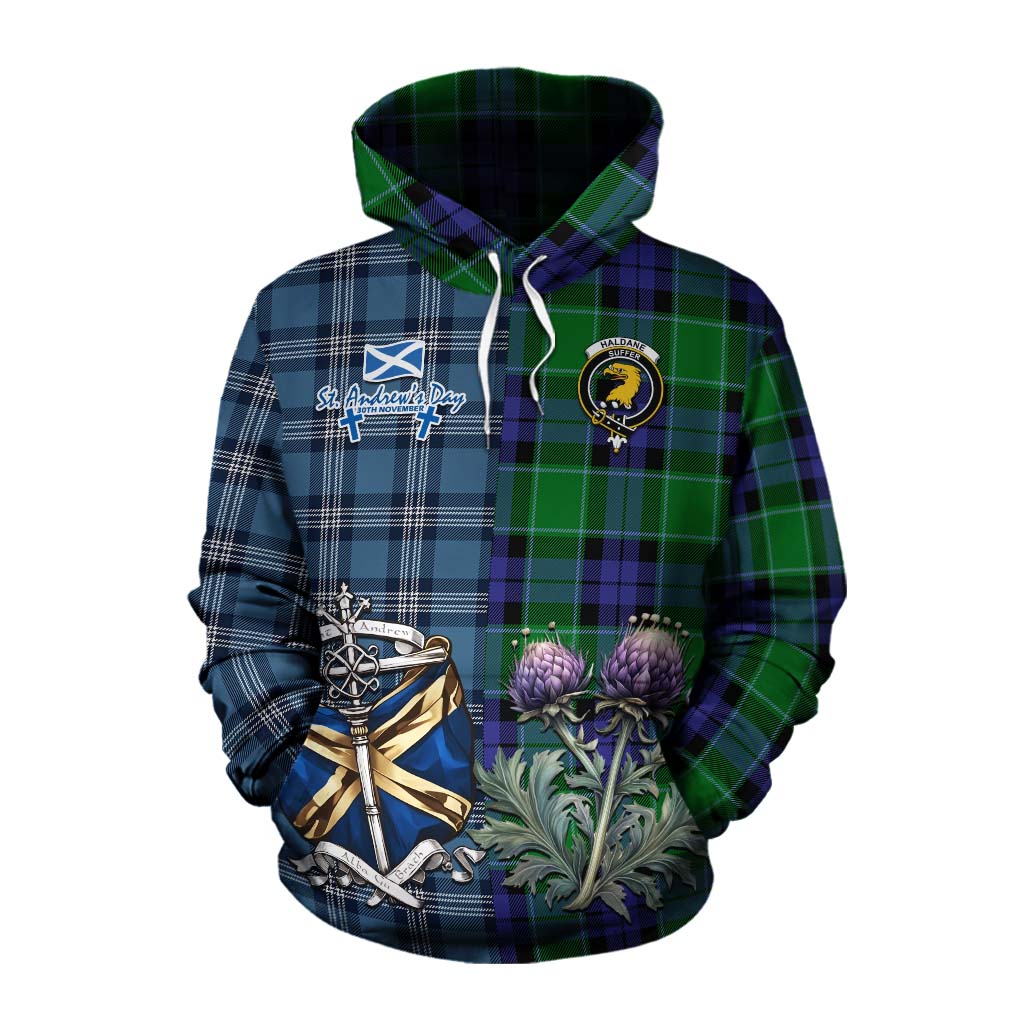 Tartan Vibes Clothing Haldane Tartan Cotton Hoodie Happy St. Andrew's Day Half Tartan Style