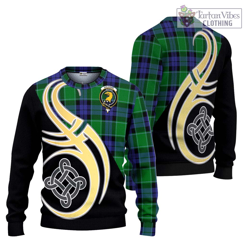 Haldane Tartan Knitted Sweater with Family Crest and Celtic Symbol Style Unisex - Tartan Vibes Clothing