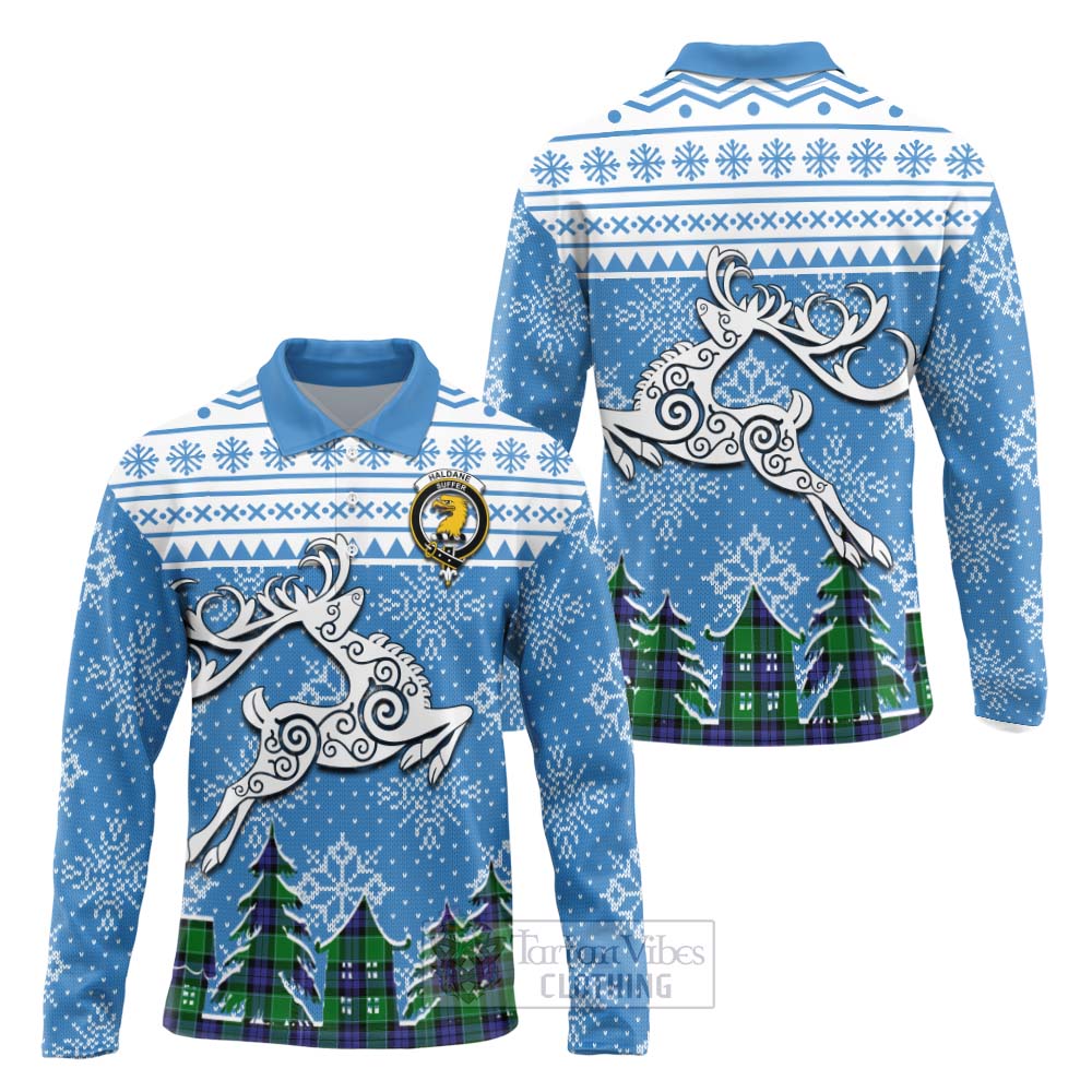 Tartan Vibes Clothing Haldane Clan Christmas Long Sleeve Polo Shirt Celtic Reindeer Style