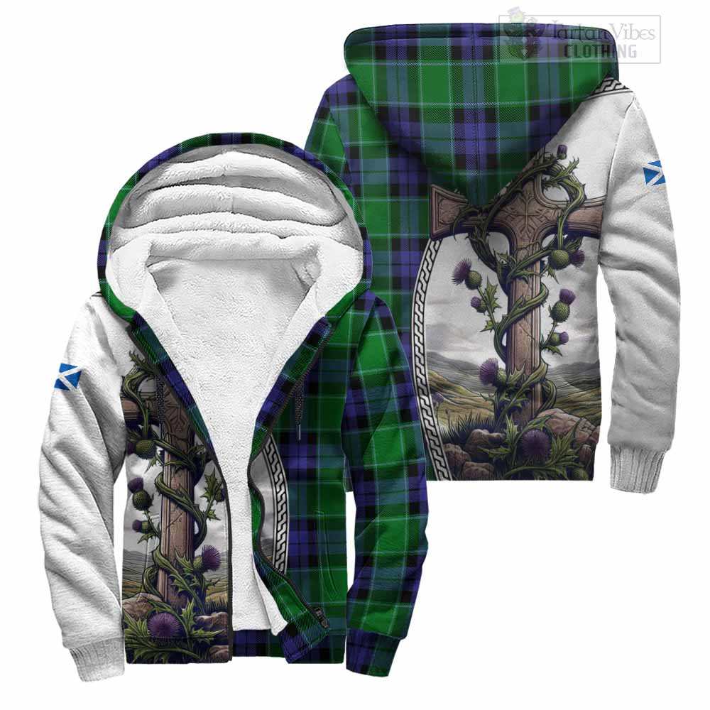 Tartan Vibes Clothing Haldane Tartan Sherpa Hoodie with Family Crest and St. Andrew's Cross Accented by Thistle Vines