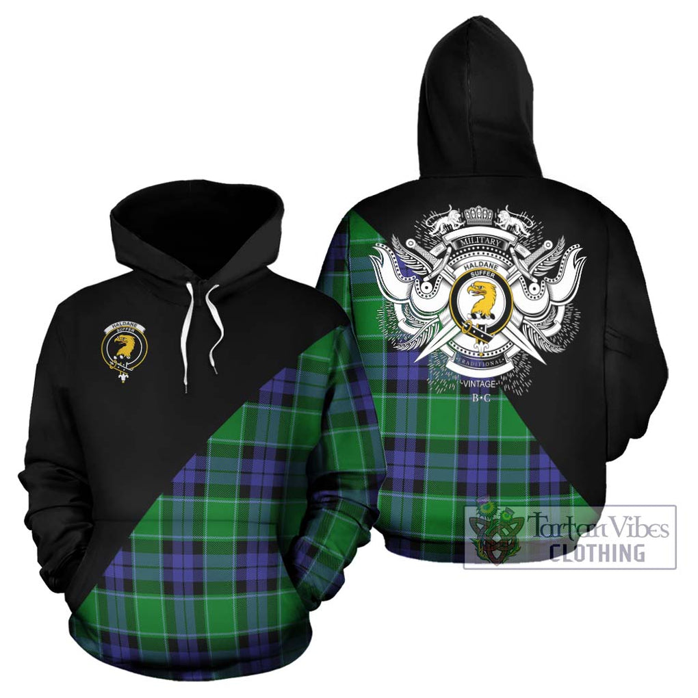 Haldane Tartan Hoodie with Family Crest and Military Logo Style Zip Hoodie - Tartanvibesclothing Shop