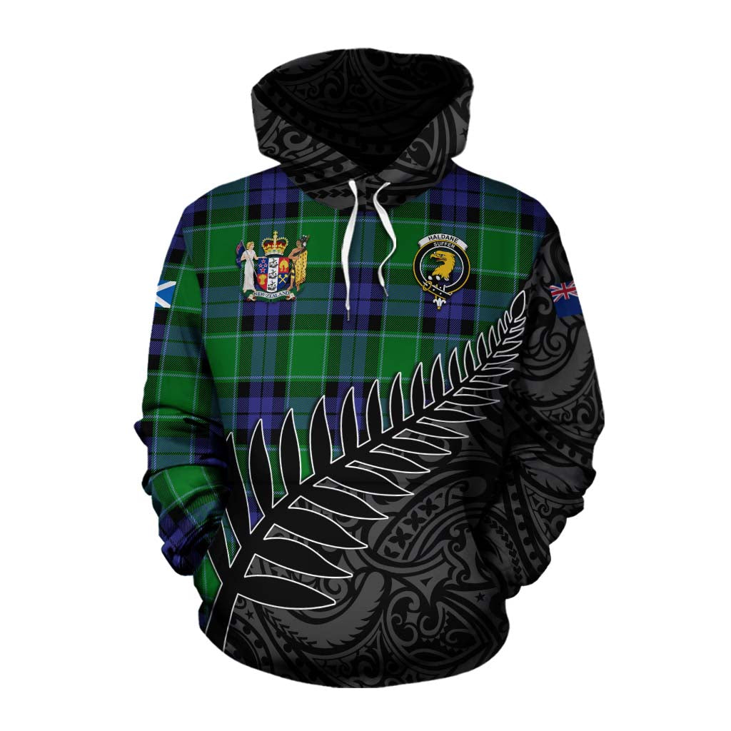 Tartan Vibes Clothing Haldane Crest Tartan Cotton Hoodie with New Zealand Silver Fern Half Style