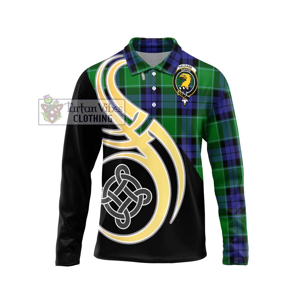 Haldane Tartan Long Sleeve Polo Shirt with Family Crest and Celtic Symbol Style Unisex - Tartan Vibes Clothing