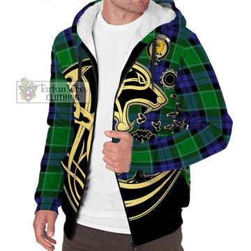 Haldane Tartan Sherpa Hoodie with Family Crest Celtic Wolf Style