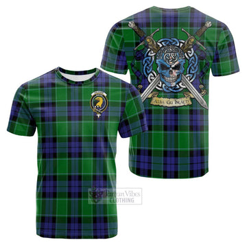 Haldane Tartan Cotton T-shirt with Family Crest Celtic Skull Style