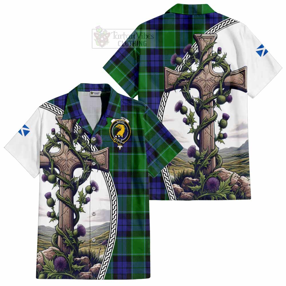 Tartan Vibes Clothing Haldane Tartan Short Sleeve Button Shirt with Family Crest and St. Andrew's Cross Accented by Thistle Vines