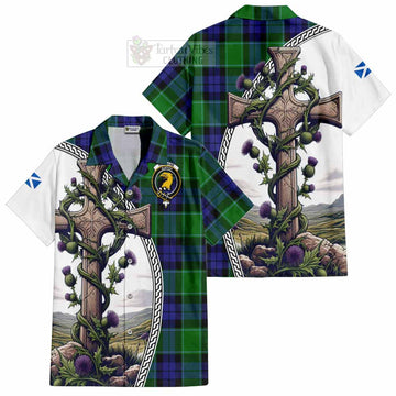 Haldane Tartan Short Sleeve Button Shirt with Family Crest and St. Andrew's Cross Accented by Thistle Vines