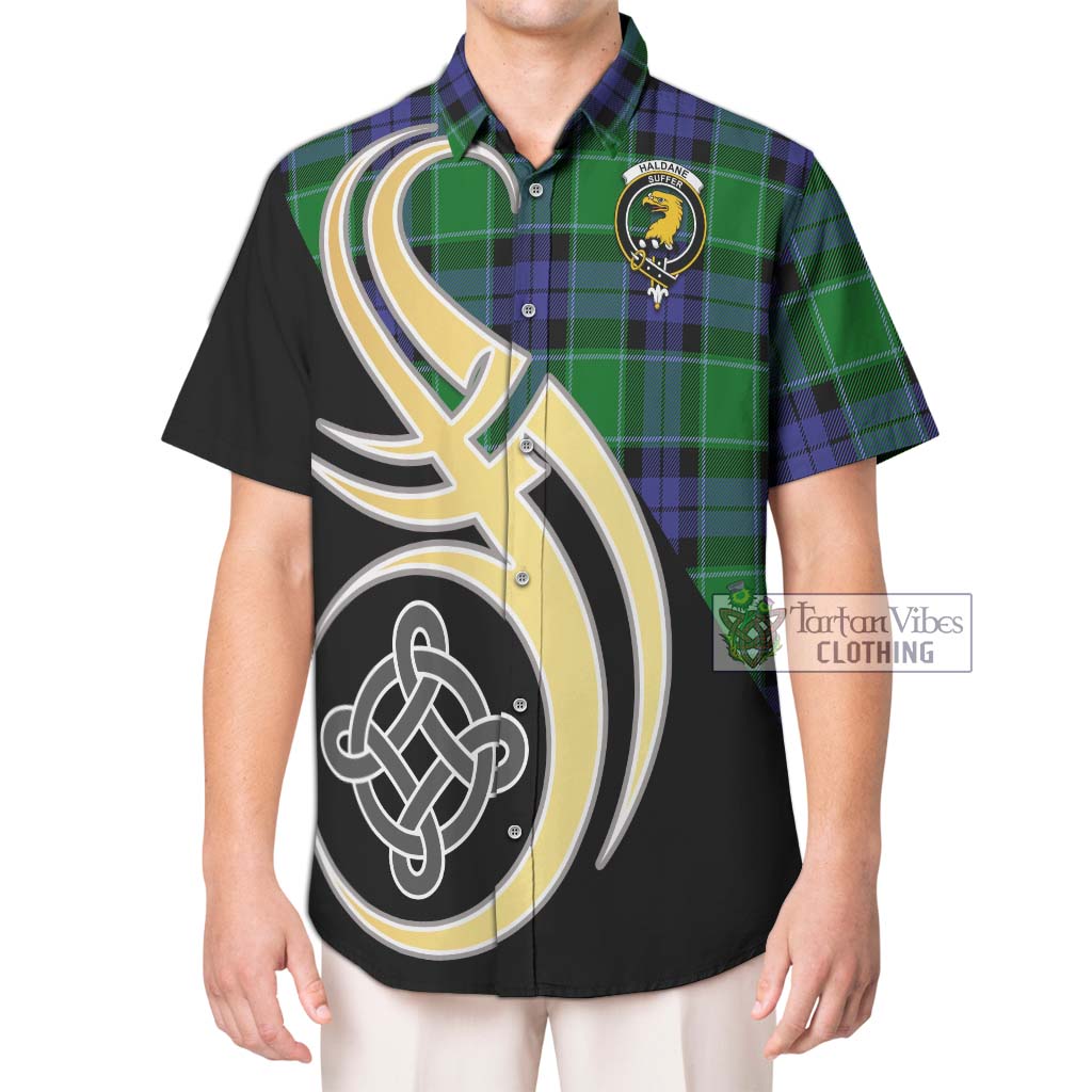 Haldane Tartan Short Sleeve Button Shirt with Family Crest and Celtic Symbol Style Kid - Tartan Vibes Clothing