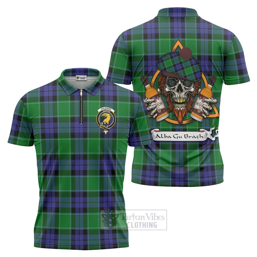 Tartan Vibes Clothing Haldane Tartan Zipper Polo Shirt with Family Crest and Bearded Skull Holding Bottles of Whiskey