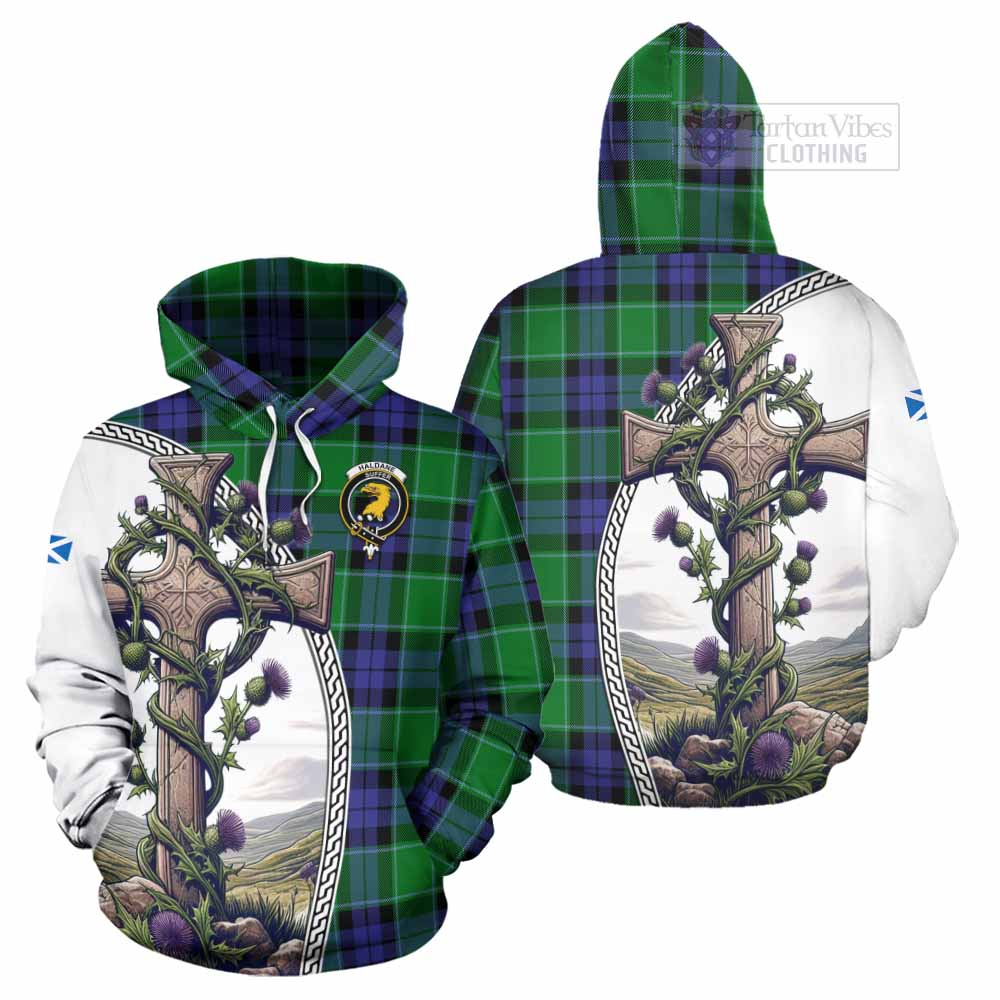 Tartan Vibes Clothing Haldane Tartan Hoodie with Family Crest and St. Andrew's Cross Accented by Thistle Vines