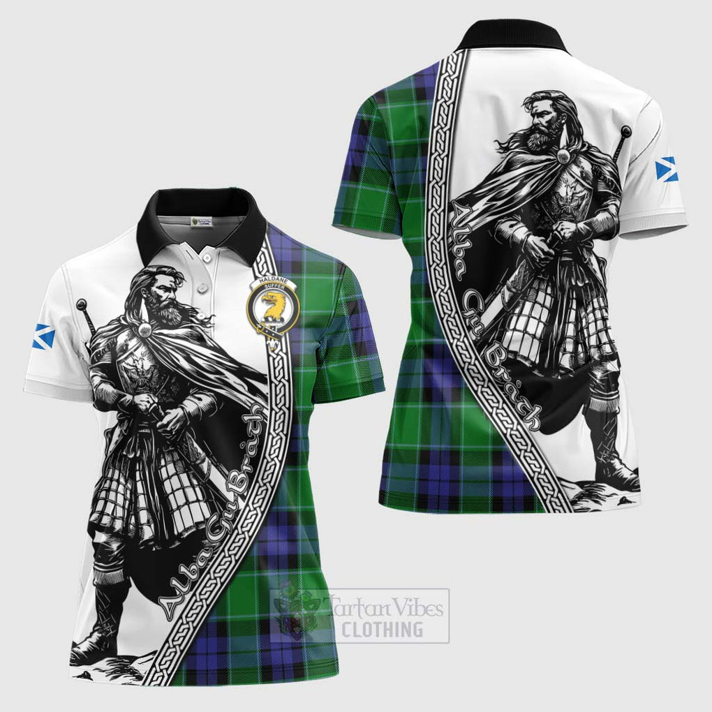 Tartan Vibes Clothing Haldane Tartan Clan Crest Women's Polo Shirt with Highlander Warrior Celtic Style