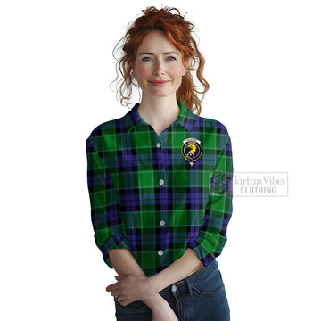 Haldane Tartan Women's Casual Shirt with Family Crest and Bearded Skull Holding Bottles of Whiskey