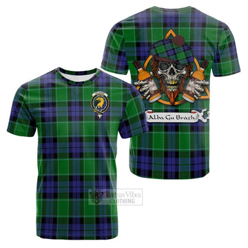 Haldane Tartan Cotton T-shirt with Family Crest and Bearded Skull Holding Bottles of Whiskey