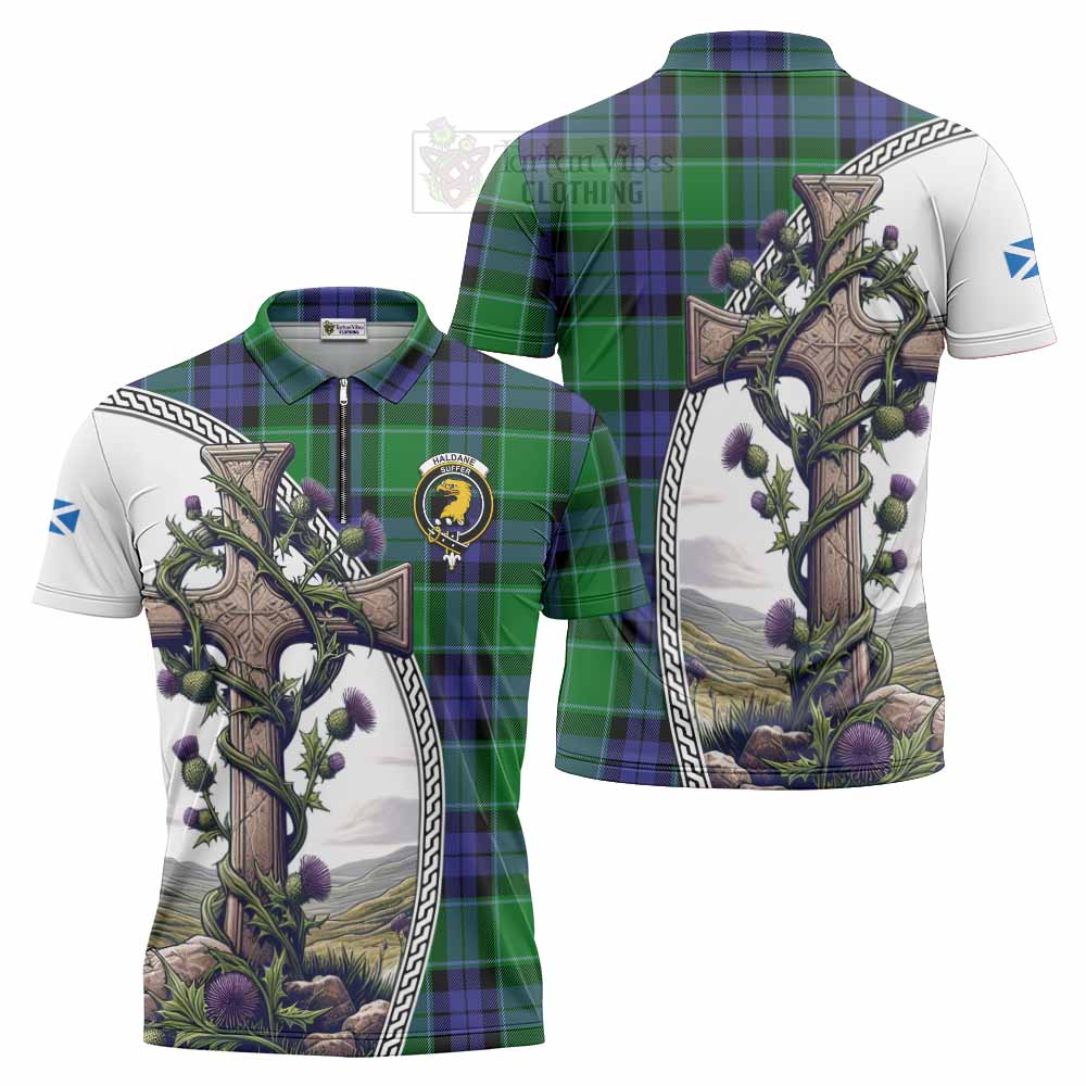 Tartan Vibes Clothing Haldane Tartan Zipper Polo Shirt with Family Crest and St. Andrew's Cross Accented by Thistle Vines