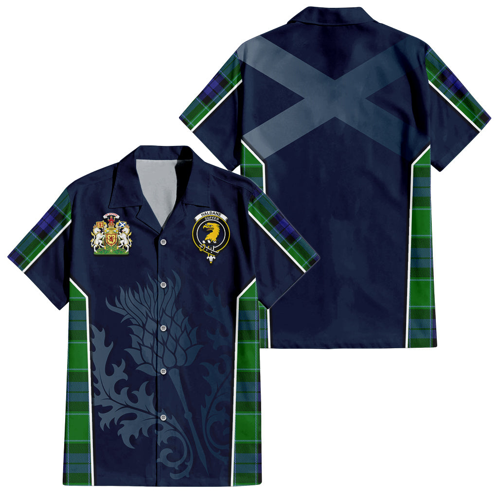 Tartan Vibes Clothing Haldane Tartan Short Sleeve Button Up Shirt with Family Crest and Scottish Thistle Vibes Sport Style