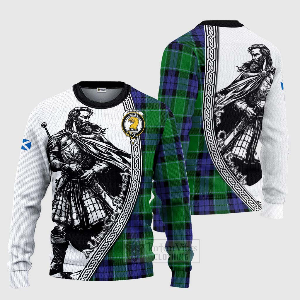 Tartan Vibes Clothing Haldane Tartan Clan Crest Knitted Sweater with Highlander Warrior Celtic Style