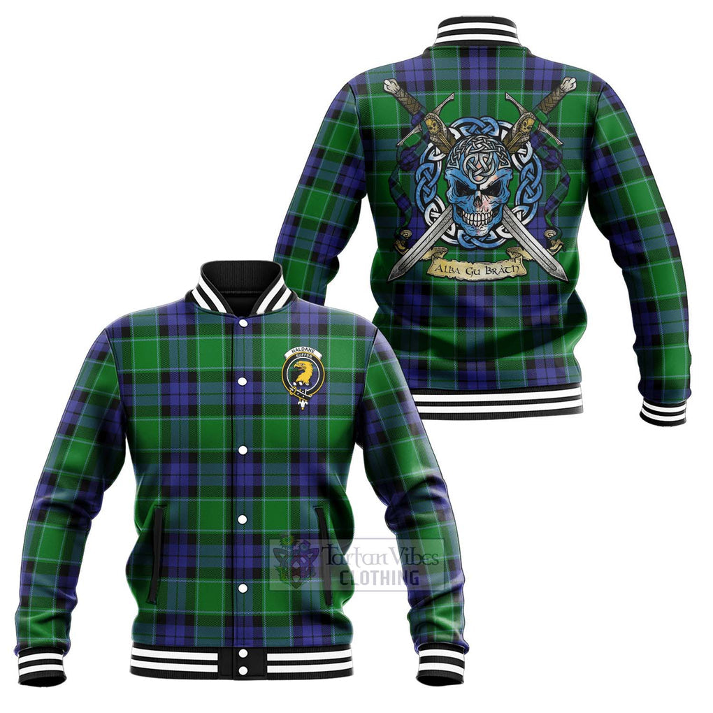 Tartan Vibes Clothing Haldane Tartan Baseball Jacket with Family Crest Celtic Skull Style