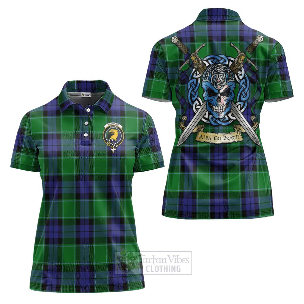 Tartan Vibes Clothing Haldane Tartan Women's Polo Shirt with Family Crest Celtic Skull Style