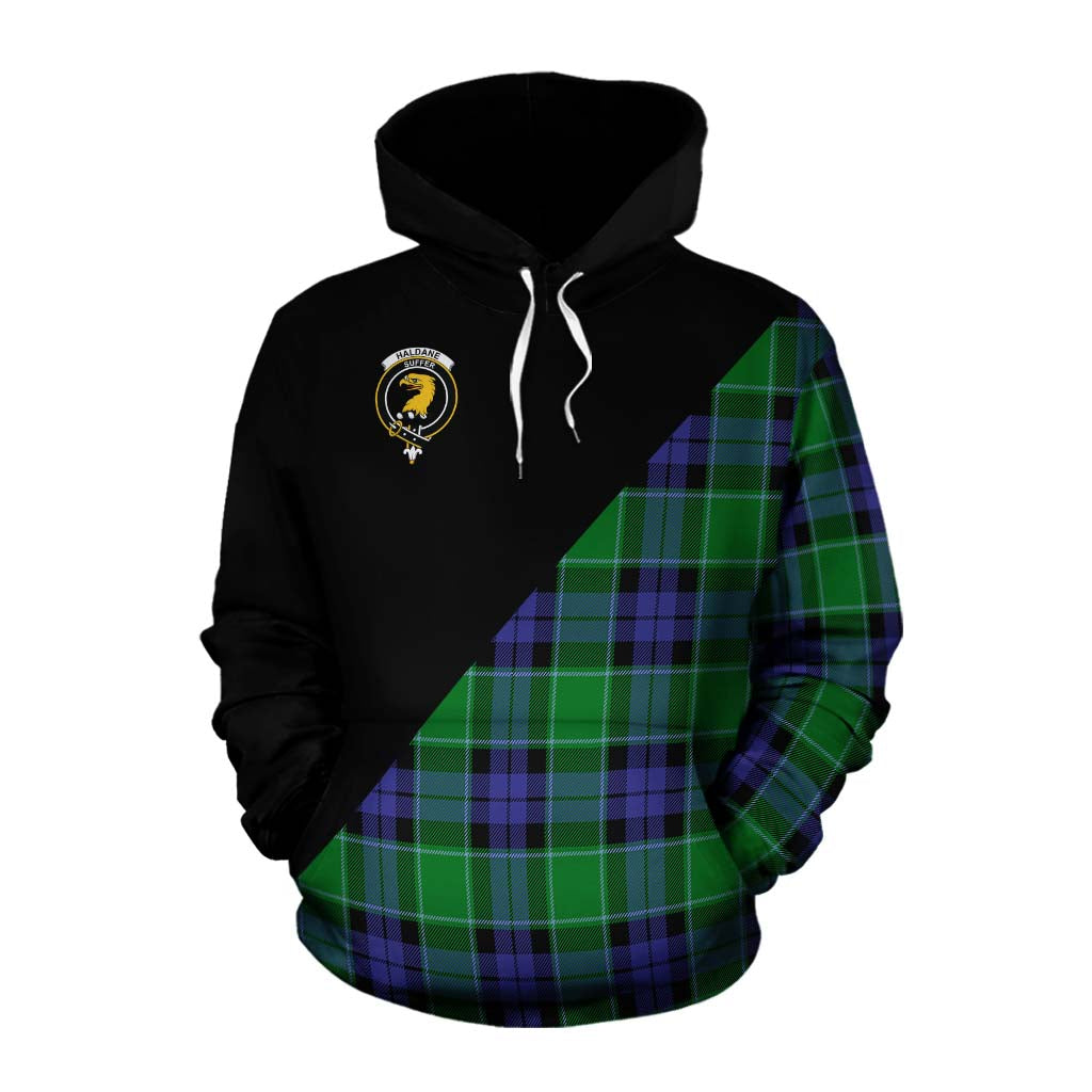 Tartan Vibes Clothing Haldane Tartan Cotton Hoodie with Family Crest and Military Logo Style