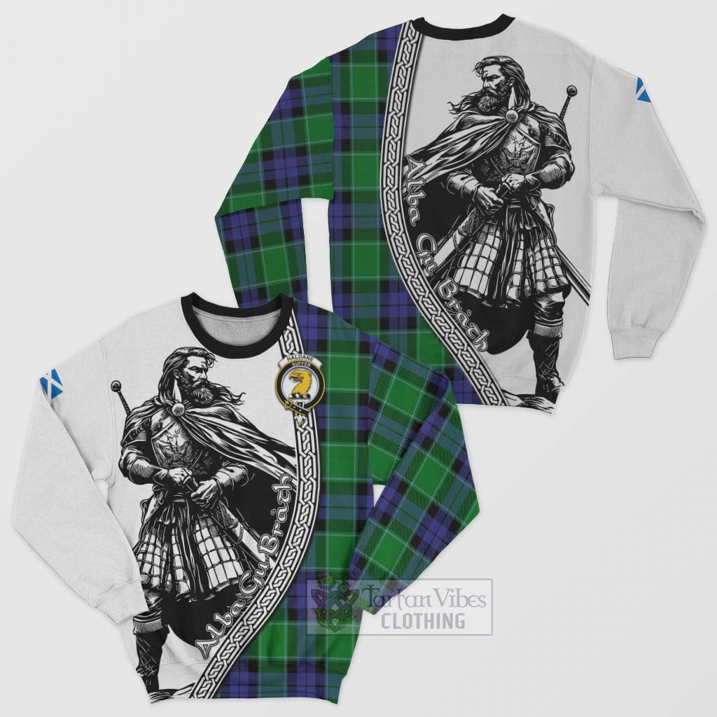 Tartan Vibes Clothing Haldane Tartan Clan Crest Sweatshirt with Highlander Warrior Celtic Style