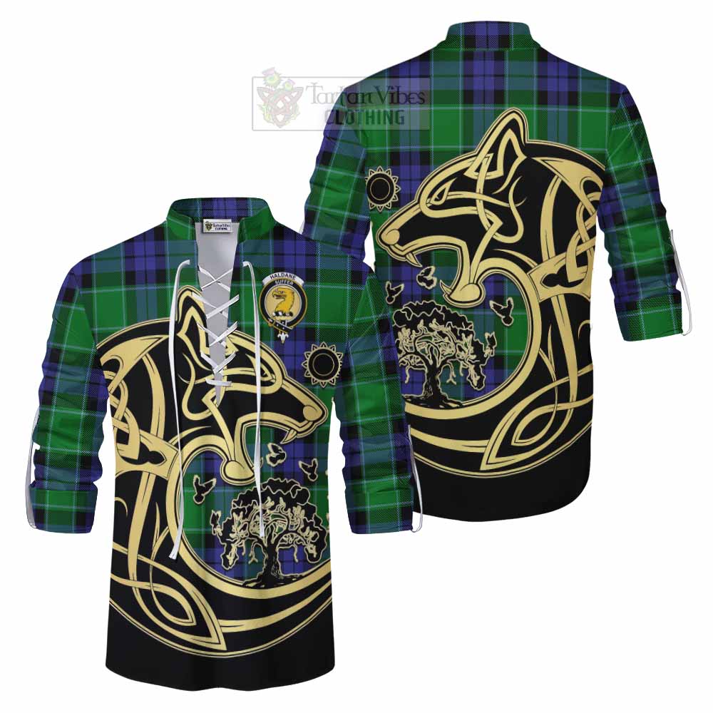 Tartan Vibes Clothing Haldane Tartan Ghillie Kilt Shirt with Family Crest Celtic Wolf Style