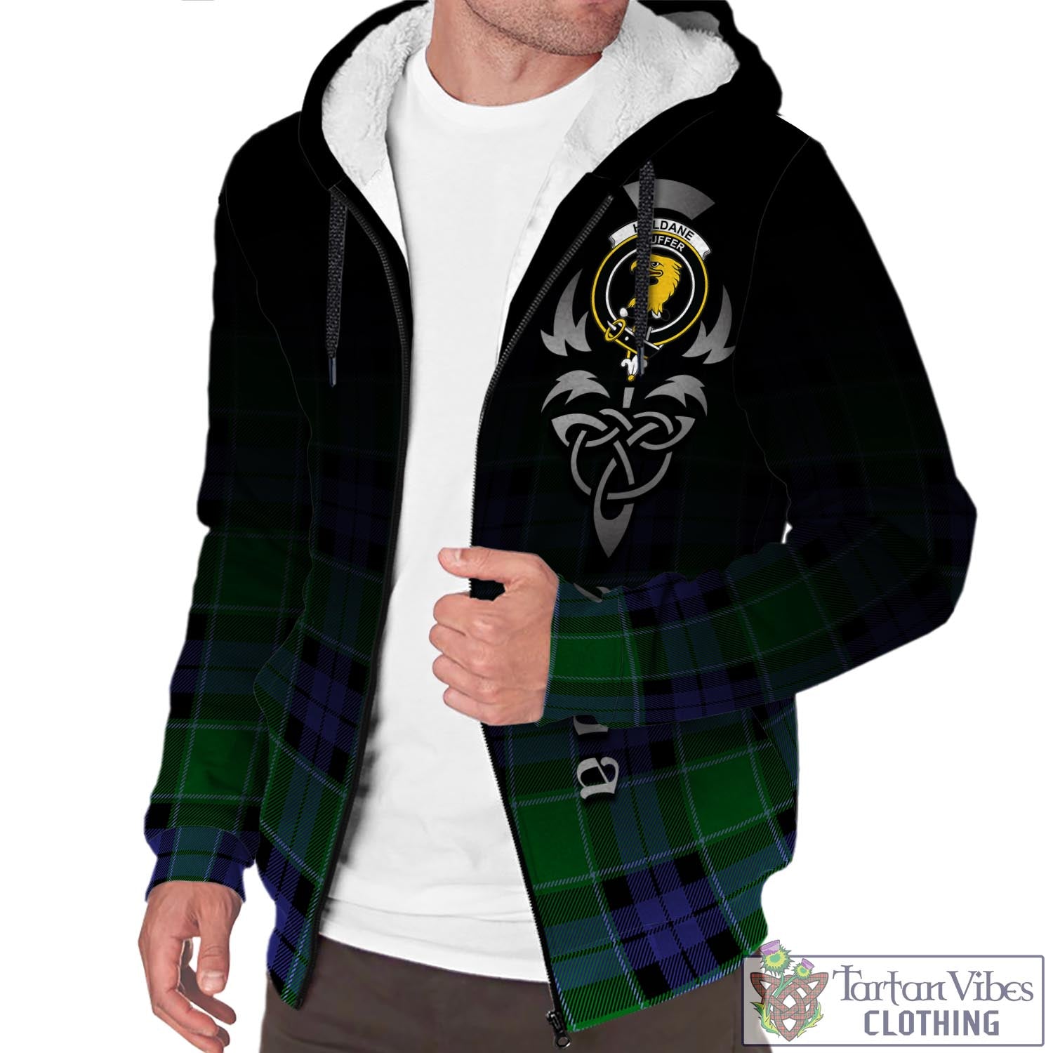 Tartan Vibes Clothing Haldane Tartan Sherpa Hoodie Featuring Alba Gu Brath Family Crest Celtic Inspired