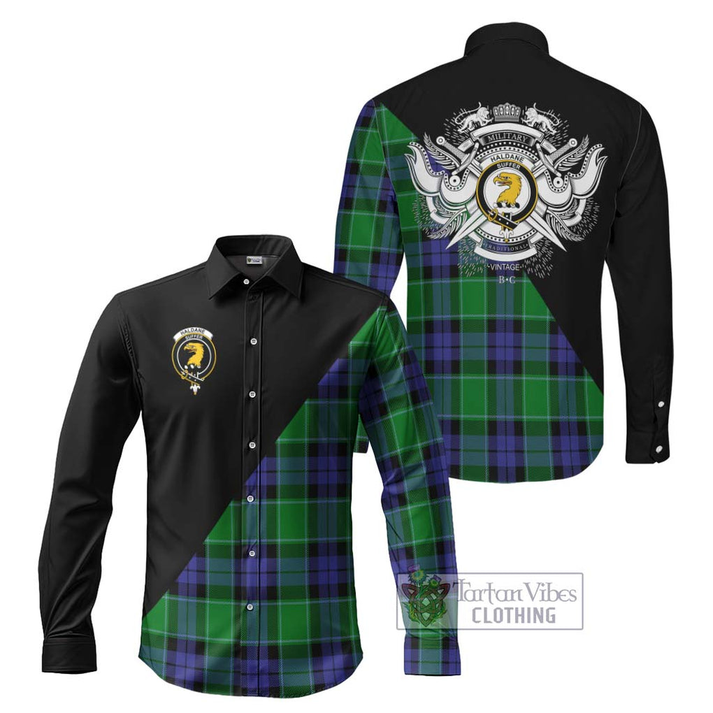 Haldane Tartan Long Sleeve Button Shirt with Family Crest and Military Logo Style Men's Shirt S - Tartanvibesclothing Shop