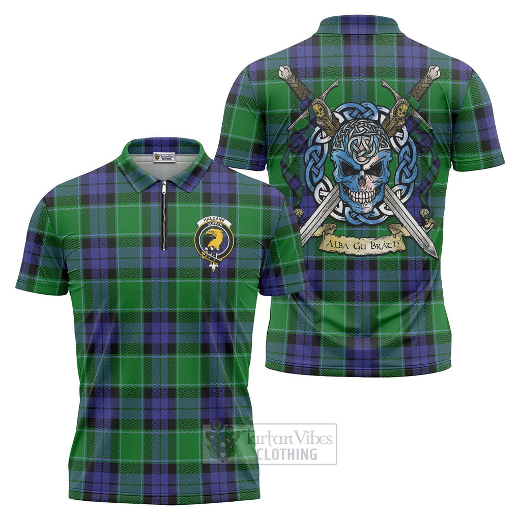 Tartan Vibes Clothing Haldane Tartan Zipper Polo Shirt with Family Crest Celtic Skull Style