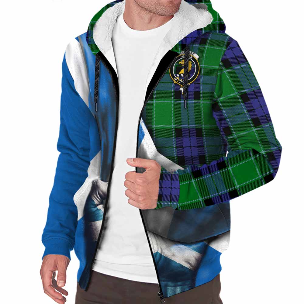 Tartan Vibes Clothing Haldane Tartan Sherpa Hoodie with Family Crest Scotland Patriotic Style