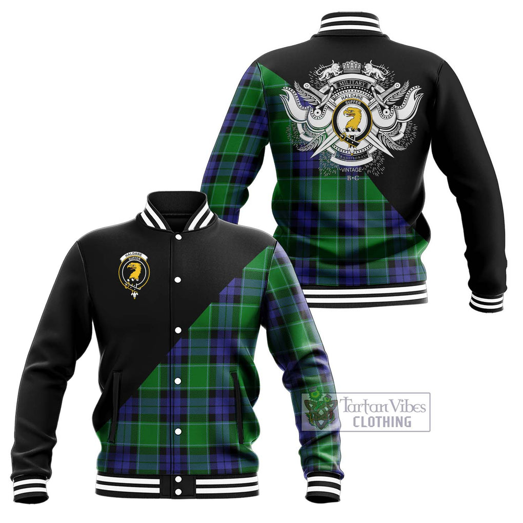 Haldane Tartan Baseball Jacket with Family Crest and Military Logo Style Unisex - Tartanvibesclothing Shop