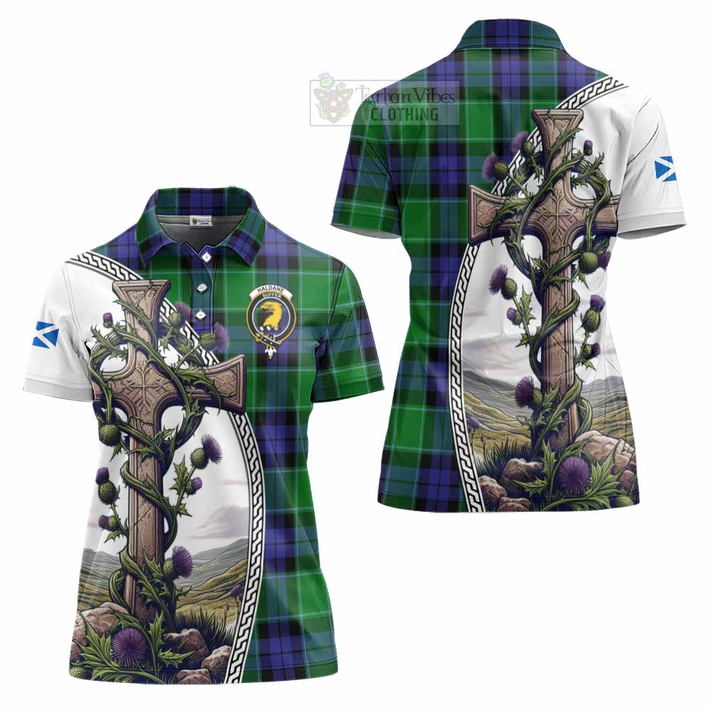 Tartan Vibes Clothing Haldane Tartan Women's Polo Shirt with Family Crest and St. Andrew's Cross Accented by Thistle Vines