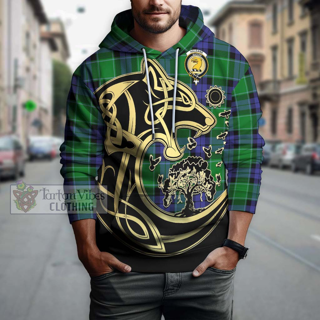 Haldane Tartan Hoodie with Family Crest Celtic Wolf Style Zip Hoodie - Tartan Vibes Clothing